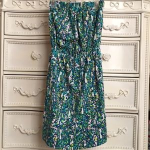 LILLY PULITZER Strapless Dress, XXS, Teal White
